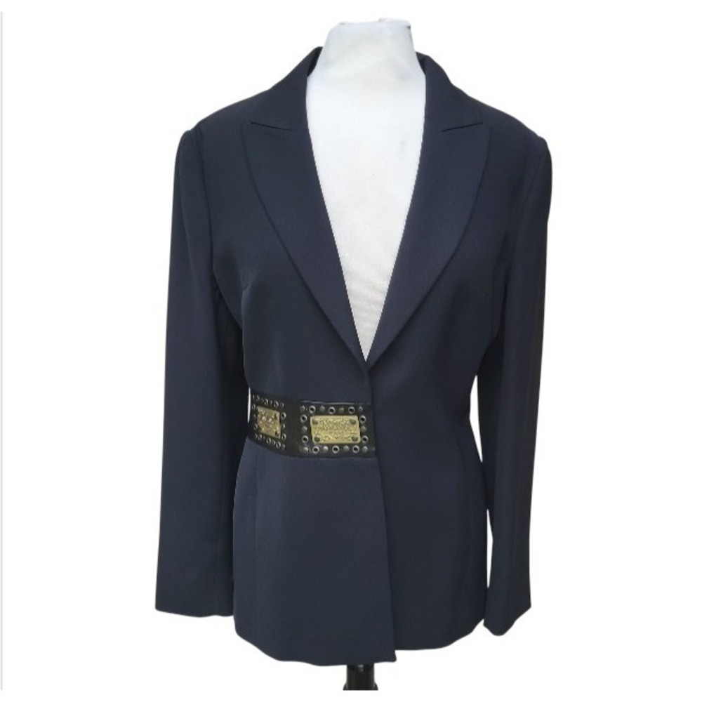 Manigance Paris Black Leather Metallic Mock Belt Snap Close Jacket / Blazer - 10